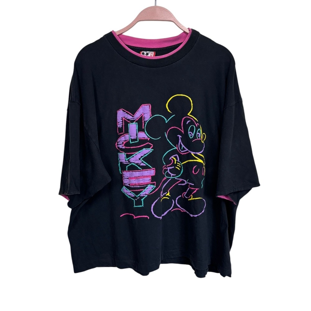 Vintage Disney Mickey Mouse T-Shirt Unisex Neon Double Collar Graphic 90s OS USA